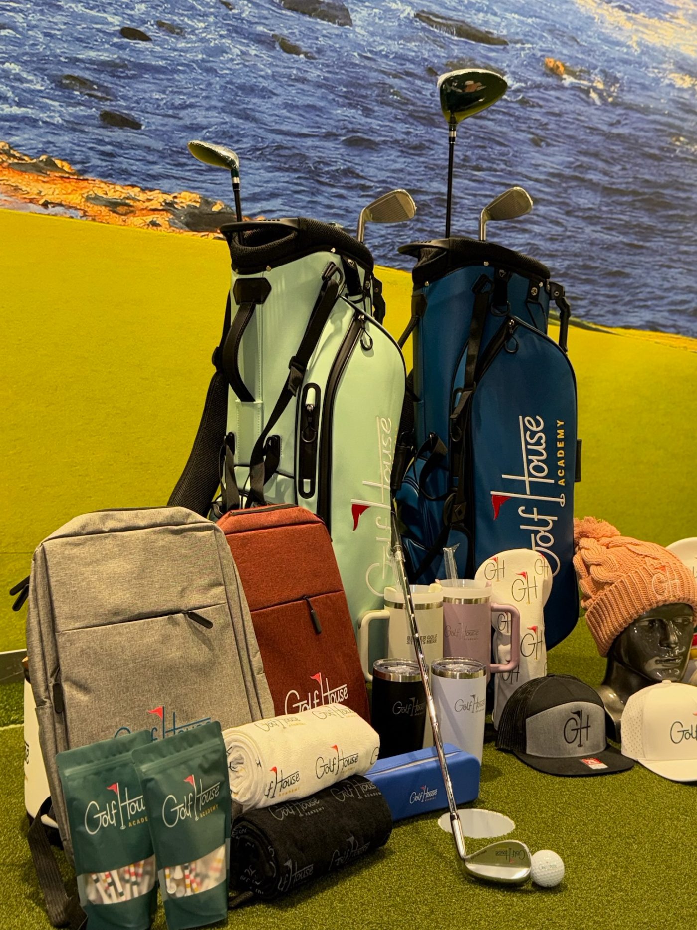 Golf House Academy pro shop bags and gear, all available with a gift card